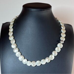 17" White 12mm Flat Genuine Pearl & Crystal Elegant Necklace